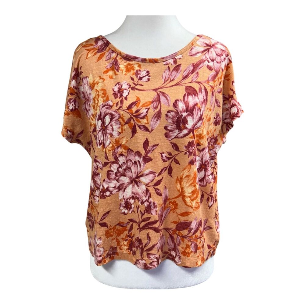 Rachel Zoe Linen Floral Button Back Crop Short Sleeve Blouse Sz L Orange